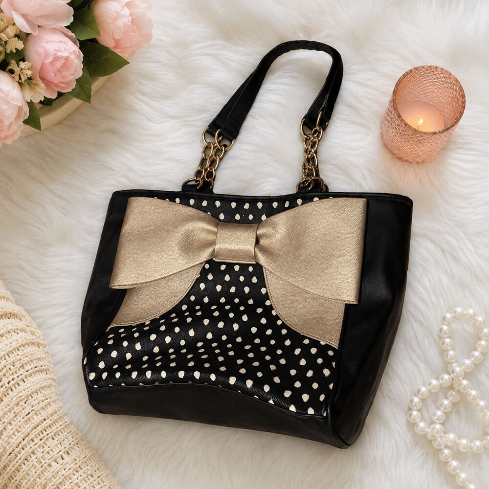 Betsey Johnson Black Polka Dot Gold Bow Tote Shoulder Bag Satchel Purse
